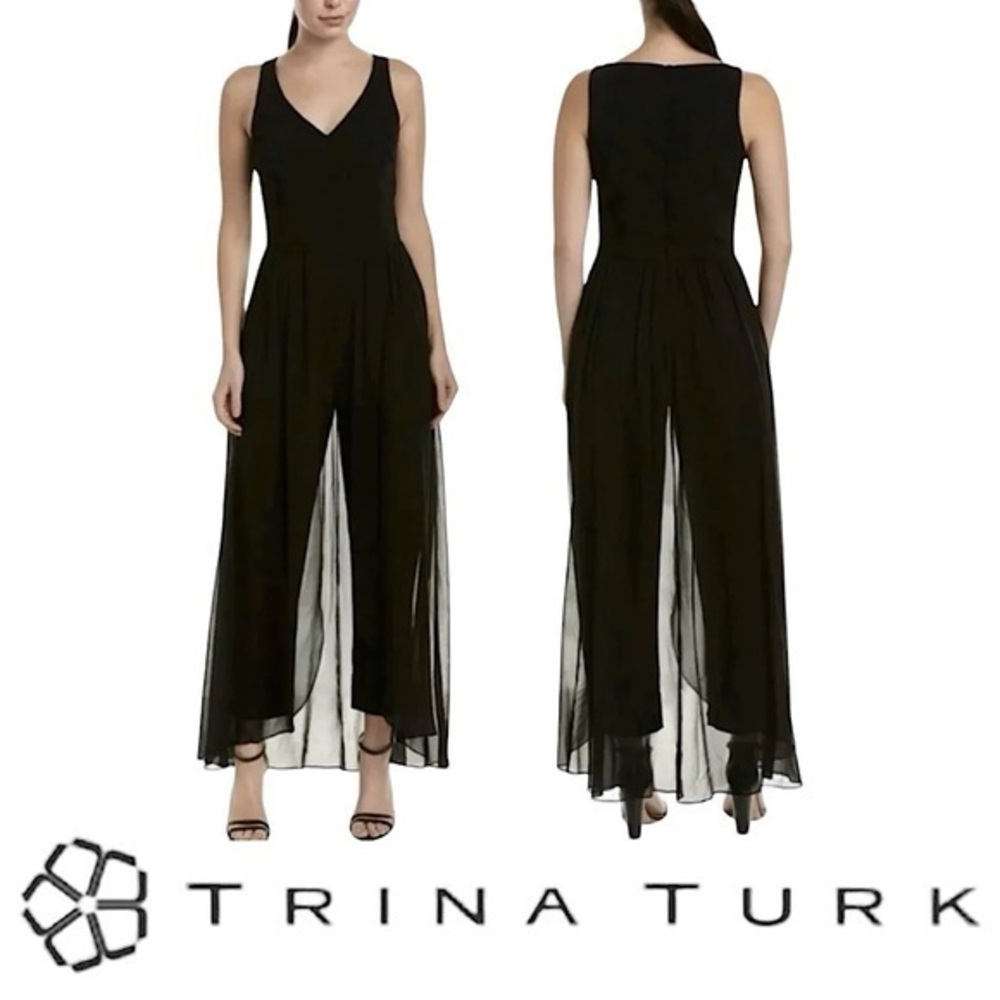 Trina Turk Uster Sleeveless Layered Silk One-Piece Jumpsuit Long Romper, Black 4